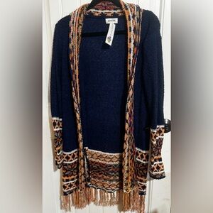 Adora Boho Southwestern Fringe Knit Cardigan Navy Multicolor Size M/L